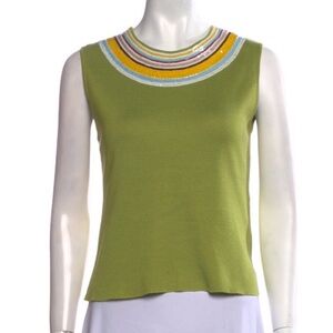 Valentino Vintage 1990s Green Sleeveless Knit Top- Multicolor Beaded Neckline
